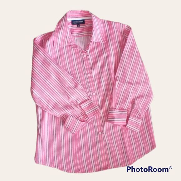 Jones New York Signature Women's Striped Pink and White Blouse - Picture 1 of 4